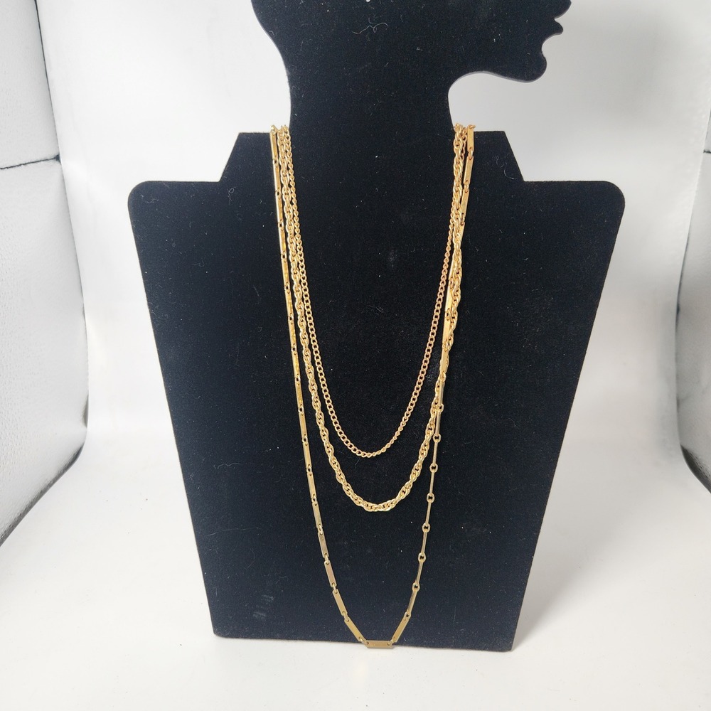 Vintage Gold Tone Multi Strand Layered Chain Necklace Curb Rope Bar Link 24 Inch